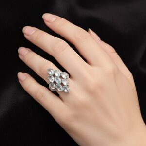 Blue Aquamarine Jewel Diamond Shaped Ring With Sterling Silver Band